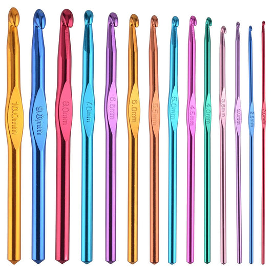 Multicolored Aluminum Crochet Hooks Craft Yarn 2-10mm 14 Pcs for Yarn Crafting